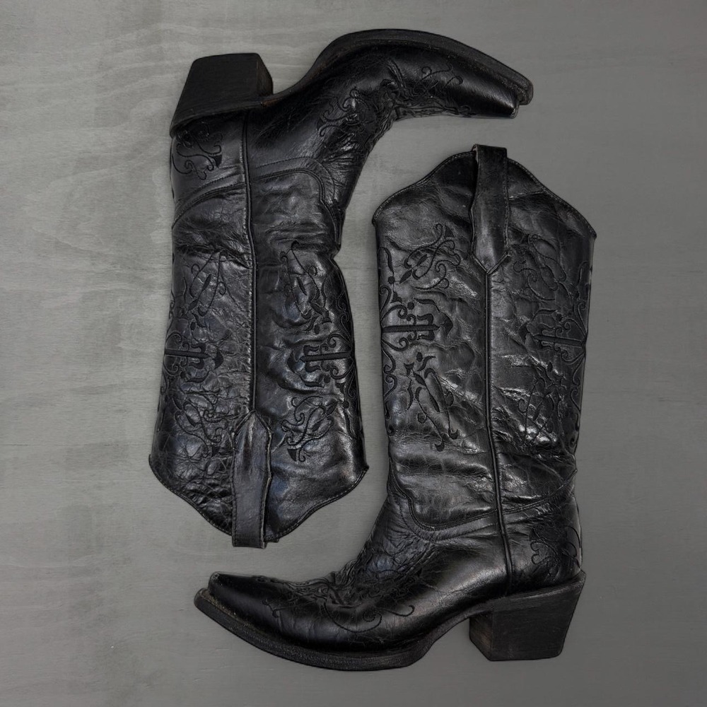 Circle G Cowboy Boots Black Leather Embroidered Snip Toe L5060 Size 8.5M